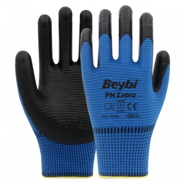Beybi PN5 Yarı Nitril Polyester Mavi Siyah Zebra Eldiven