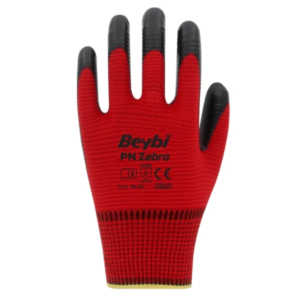 Beybi PN Zebra Kırmızı Polyester Örme Nitril Eldiven