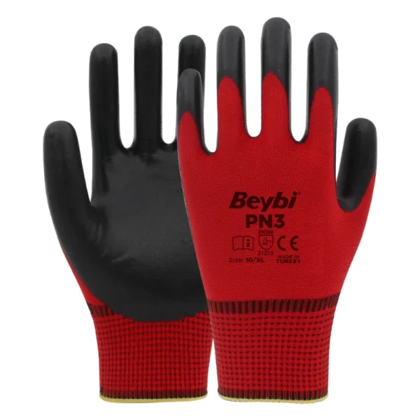 Beybi Pn3 Polyester Örme Nitril Eldiven Kırmızı Siyah