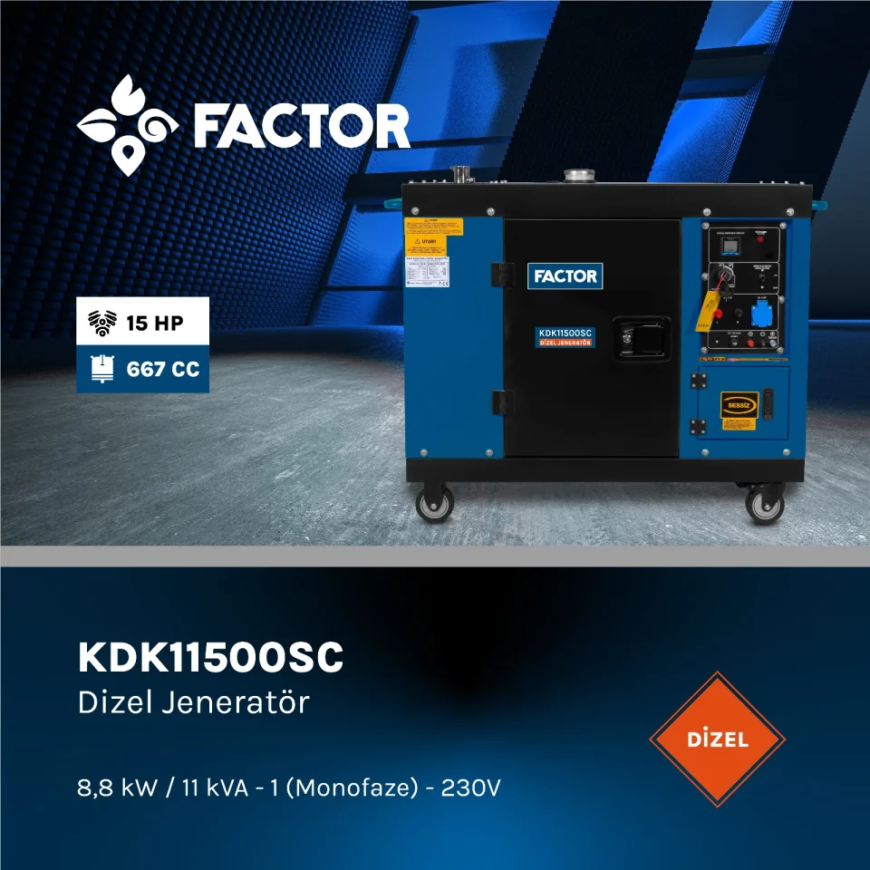 Factor KDK11500SC Dizel Kabinli 11 kWA Jeneratör Monofaze 230V