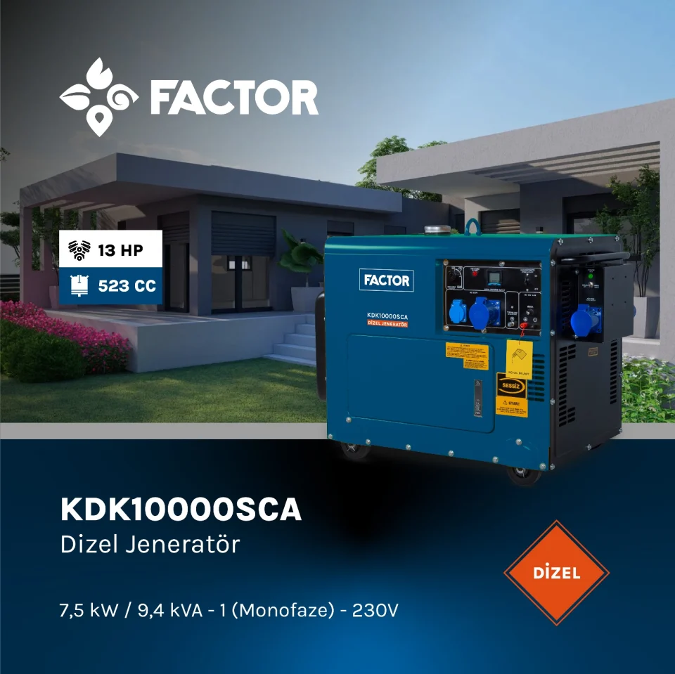 Factor KDK10000SCA Dizel Jeneratör 9,4 kWA Monofaze 230V