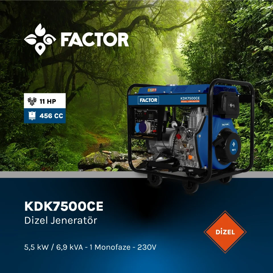 Factor KDK7500CE Dizel Jeneratör 6,9 kWA Monofaze 230V