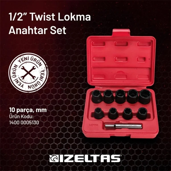 İzeltaş 1/2 inç Twist Lokma Seti Hasarlı Civata,Somun Sökme 10 Parça