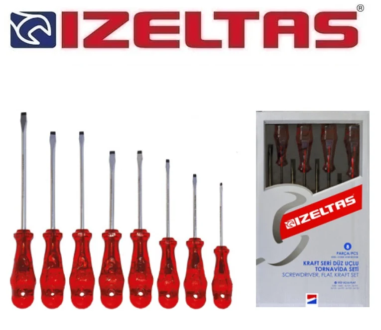 İzeltaş Kraft Seri 8 Parça Düz Uçlu Tornavida Seti