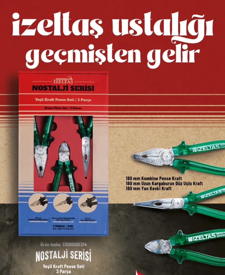 İzeltaş Nostalji Serisi 3 Parça Yeşil Kraft Pense Seti