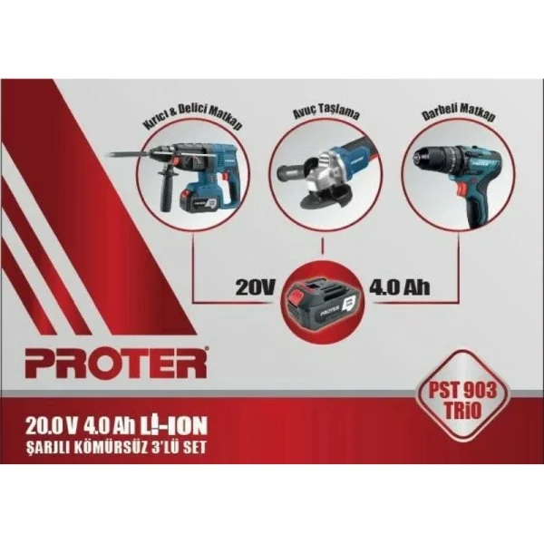 Proter PST 903 Akülü TRİO 20.0V 4.0 AH 3 lü Set