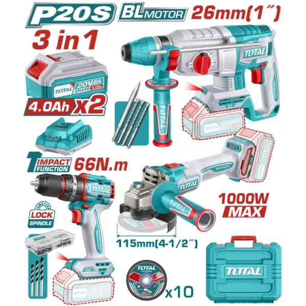 Total TOSLI241198E Akülü 3lü Set Kırıcı Delici-Taşlama-D.Matkap