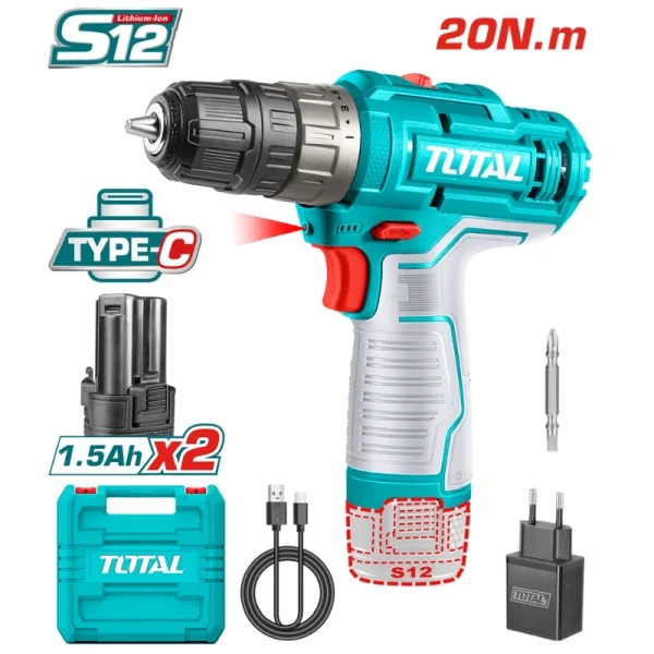 Total TDLI122028 Lı-ıon Akülü Darbesiz Matkap Type-c 2x1,5 Ah
