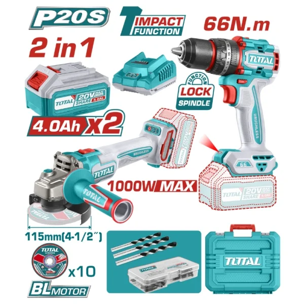 Total TCKLI20273E 2 Li Set Akülü Darbeli Matkap+Taşlama 2x4.0Ah