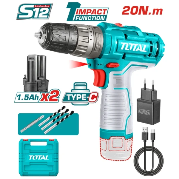 Total TIDLI122028 Akülü Darbeli Matkap 2x1.5 Ah TYPE-C Şarjlı