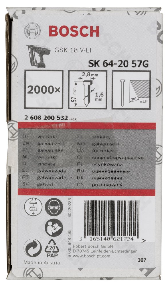 Bosch Başsız Çivi 20? 57 mm Galvanizli 2000li