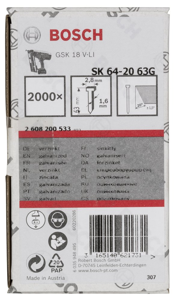 Bosch Başsız Çivi 20? 63 mm Galvanizli 2000li